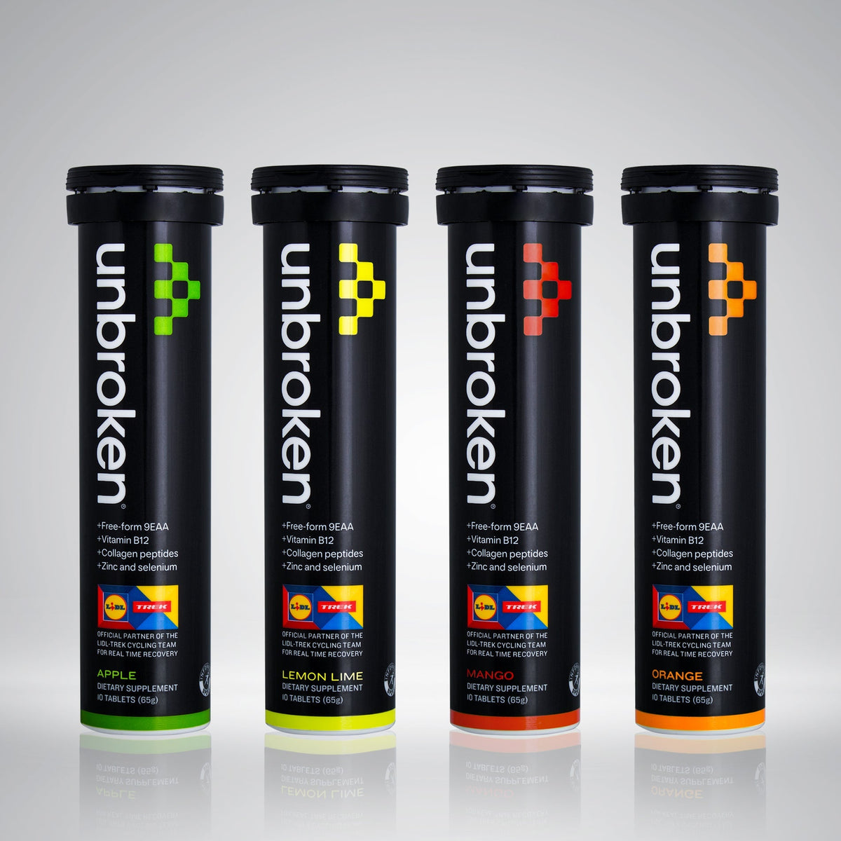 Unbroken tubes in Apple, Lemon lime, Mango and Orange